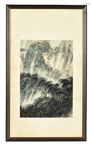 FU BAOSHI: FRAMED INK ON PAPER PAINTING 'MOUNTAIN'