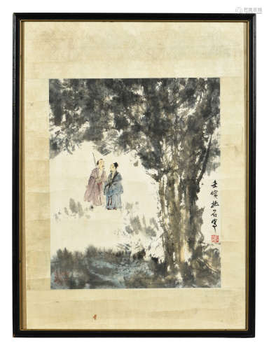 FU BAOSHI: FRAMED INK AND COLOR ON PAPER PAINTING 'SCHOLARS'