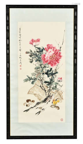 WANG XUETAO: FRAMED INK AND COLOR ON PAPER PAINTING 'FLOWERS'