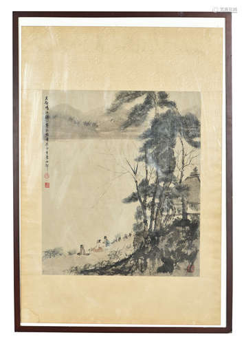 FU BAOSHI: FRAMED INK AND COLOR ON PAPER PAINTING 'RIVERSIDE SCENERY'