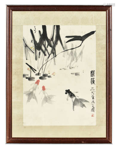 WU ZUOREN: FRAMED INK AND COLOR ON PAPER PAINTING 'GOLDFISH'