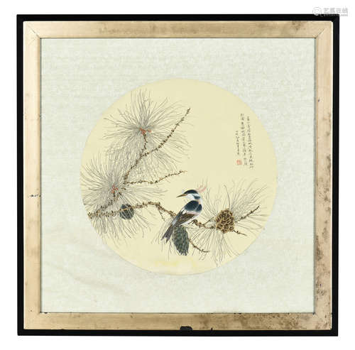 REN ZHONG: FRAMED INK AND COLOR ON SILK PAINTING 'BIRD'