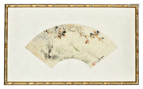 WANG XUETAO: FRAMED INK AND COLOR ON FAN LEAF PAINTING