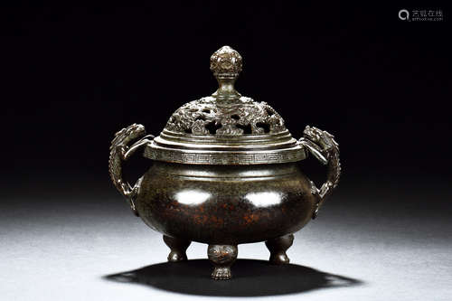 BRONZE TRIPOD 'DRAGONS' CENSER WITH COVER