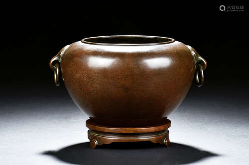 BRONZE CENSER WITH RING HANDLES AND STAND