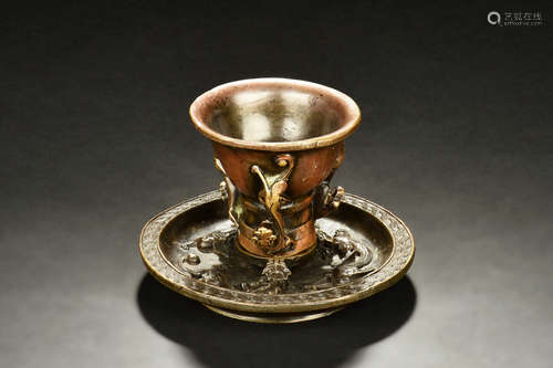 BRONZE CAST 'MYTHICAL BEAST' CUP WITH SAUCER