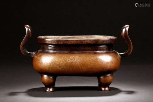 BRONZE CAST RECTANGULAR CENSER WITH HANDLES