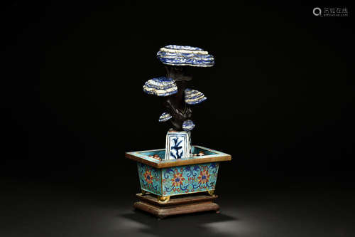 LAPIS LAZULI CARVED LINGZHI SET IN CLOISONNE PLANTER