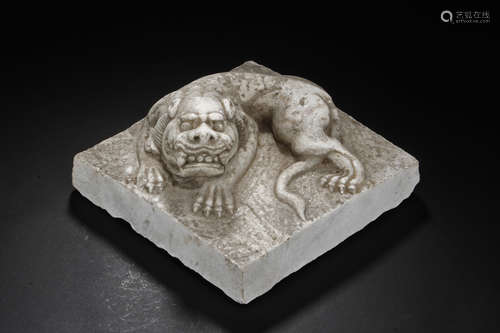 MARBLE CARVED RECUMBENT LION FIGURE