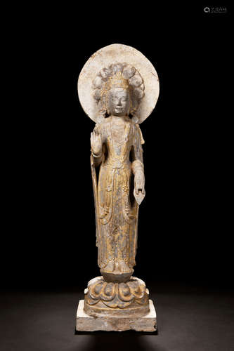 LIMESTONE CARVED AND PARCEL GILT BODHISATTVA STATUE