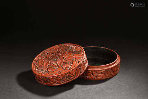 CINNABAR LACQUER CARVED 'FLOWERS' BOX WITH COVER