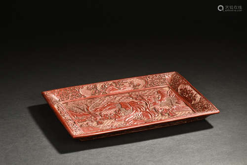 CINNABAR LACQUER CARVED 'PEOPLE' DISH