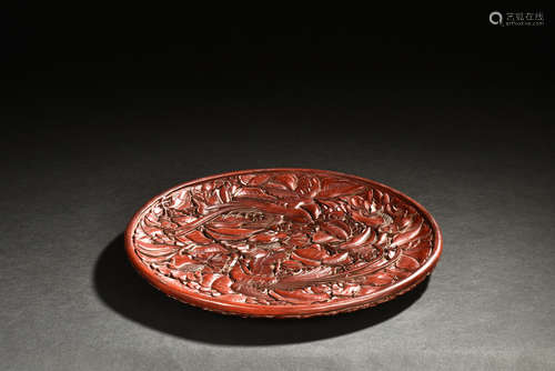 CINNABAR LACQUER CARVED 'FLOWERS' DISH