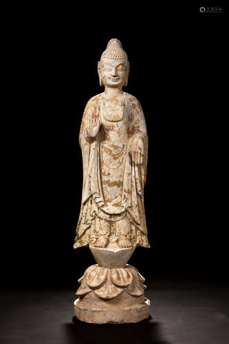 LIMESTONE CARVED AND PARCEL GILT BODHISATTVA STATUE