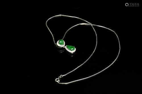 JADEITE CARVED 'TEARDROP' PENDANT WITH DIAMONDS AND NECKLACE