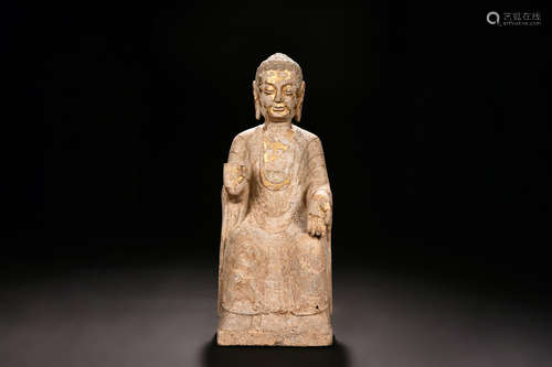 PARCEL GILT LIMESTONE SHAKYAMUNI SEATED FIGURE