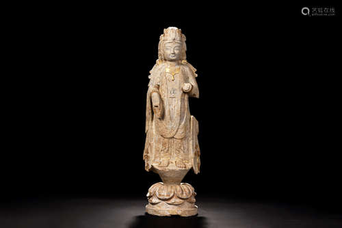 LIMESTONE CARVED AND PARCEL GILT BODHISATTVA STATUE