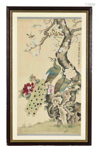 ZHANG DAQIAN: FRAMED INK AND COLOR ON SILK PAINTING 'BIRDS AND FLOWERS'