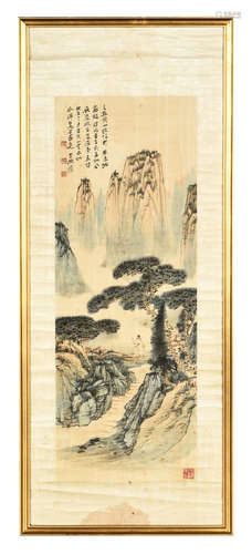 ZHANG DAQIAN: FRAMED INK AND COLOR ON PAPER PAINTING 'LANDSCAPE SCENERY'