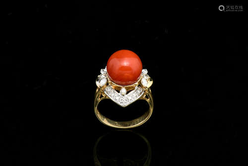 14K YELLOW GOLD DIAMOND AND RED CORAL RING