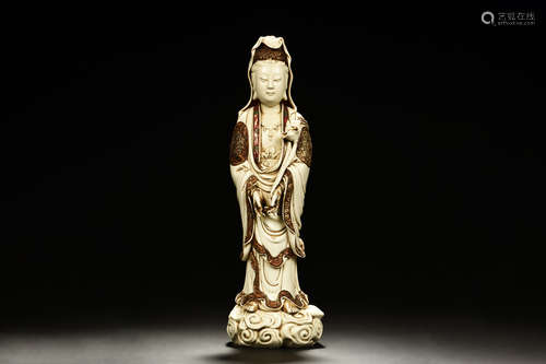 HE CHAOZONG: BLANC DE CHINE DEHUA PAINTED GUANYIN FIGURE