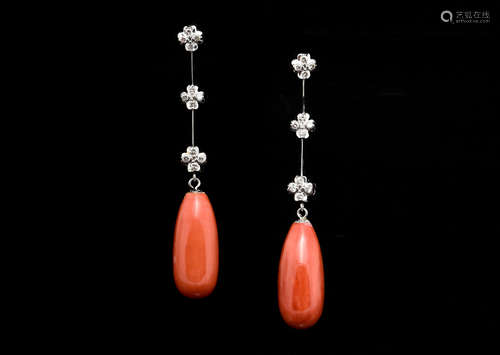 14K WHITE GOLD DIAMOND AND RED CORAL EARRINGS