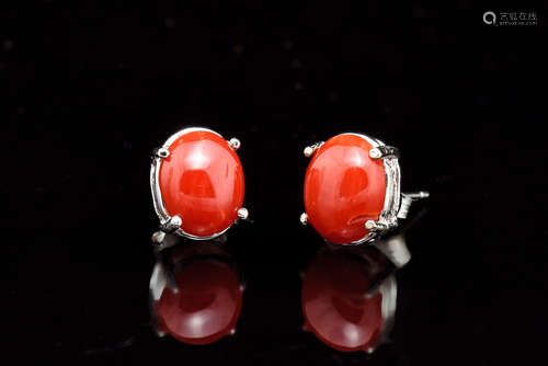 14K WHITE GOLD RED CORAL EARRINGS