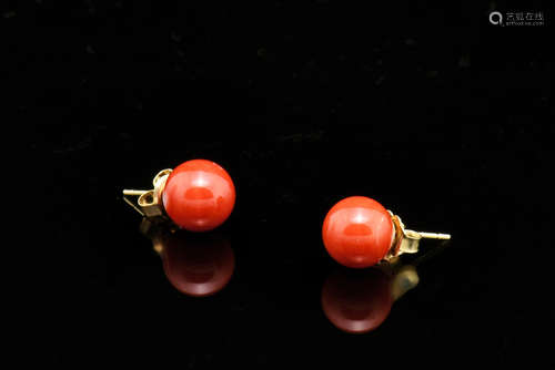 14K YELLOW GOLD RED CORAL EARRINGS