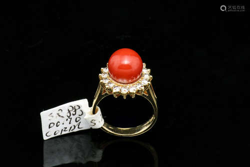 14K YELLOW GOLD DIAMOND AND RED CORAL RING