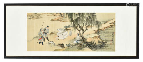 XU CAO: FRAMED INK AND COLOR ON SILK PAINTING 'HUNTING'