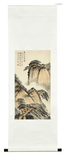 HE TIANJIAN: INK AND COLOR ON PAPER PAINTING 'MOUNTAIN SCENERY'