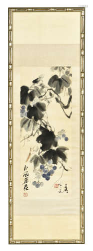QI BAISHI AND WANG XUETAO: FRAMED INK AND COLOR ON PAPER PAINTING 'GRAPES'