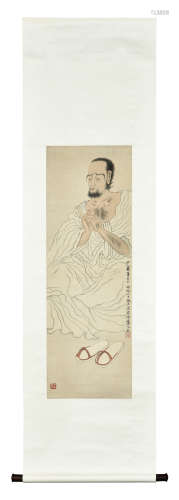 DENG FENG: INK AND COLOR ON PAPER PAINTING 'BODHIDHARMA'