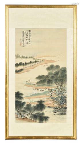 WU HUFAN: FRAMED INK ON PAPER PAINTING 'RIVERSIDE SCENERY'