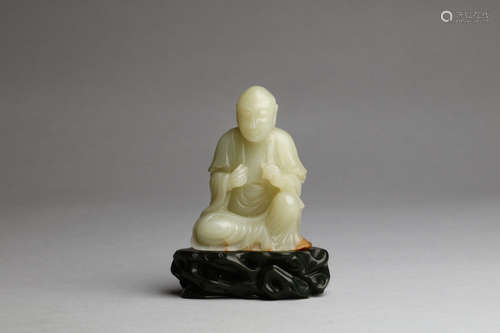 JADE CARVED SEATED ARHAT FIGURE