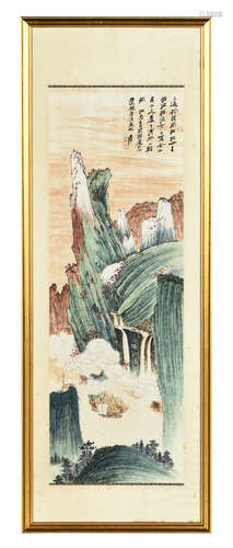 ZHANG DAQIAN: FRAMED INK AND COLOR ON PAPER PAINTING 'LANDSCAPE SCENERY'