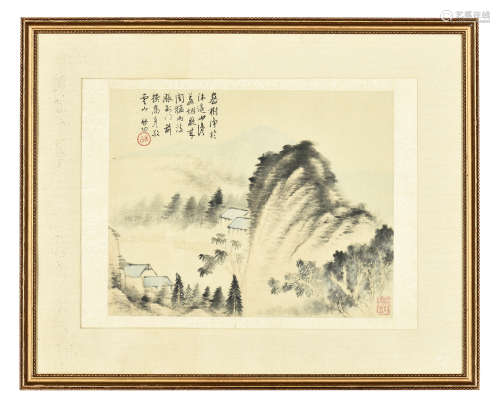 QI GONG: FRAMED INK ON PAPER PAINTING 'LANDSCAPE SCENERY'