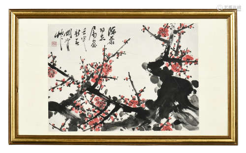 GUAN SHANYUE: FRAMED INK AND COLOR ON PAPER PAINTING 'FLOWERS'