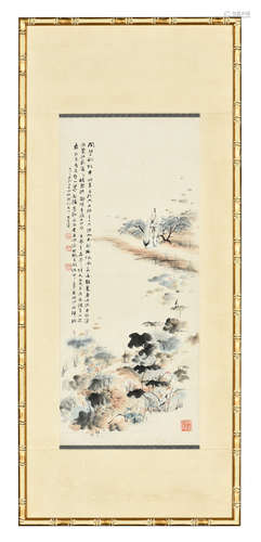 ZHANG DAQIAN: FRAMED INK AND COLOR ON PAPER PAINTING 'LOTUS FLOWERS'