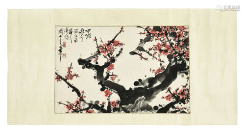 GUAN SHANYUE: INK AND COLOR ON PAPER PAINTING 'PLUM FLOWERS'