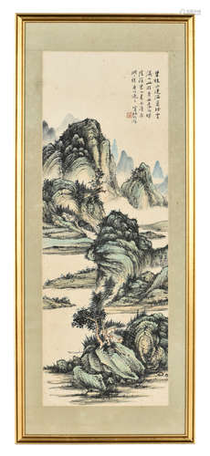 HUANG BINHONG: FRAMED INK AND COLOR ON PAPER PAINTING 'MOUNTAIN SCENERY'