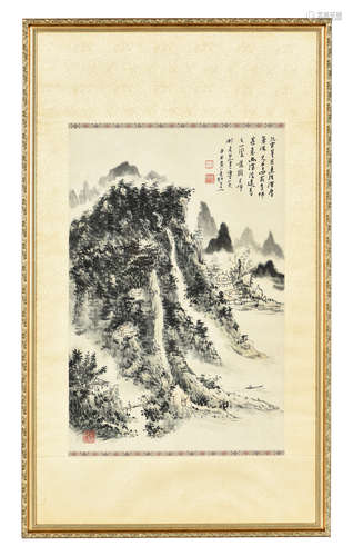 HUANG BINHONG: FRAMED INK ON PAPER PAINTING 'MOUNTAIN SCENERY'