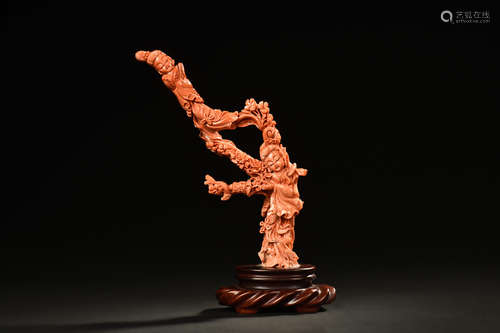 RED CORAL CARVED GUANYIN FIGURE WITH STAND