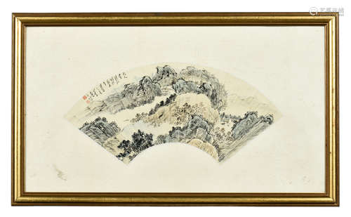 PU XINYU: FRAMED INK AND COLOR ON FAN LEAF PAINTING 'LANDSCAPE'