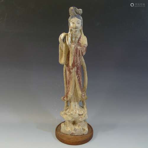 ANTIQUE CHINESE PAINTED CARVED WOOD MEIREN - QING DYNASTY