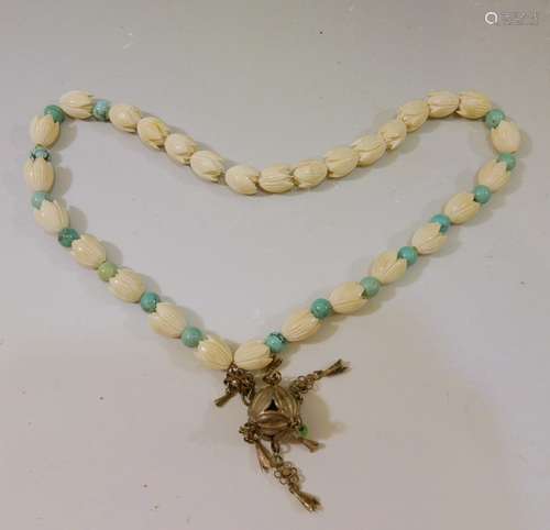 ANTIQUE CHINESE CARVED BEADS AND TURQUOISE NECKLACE