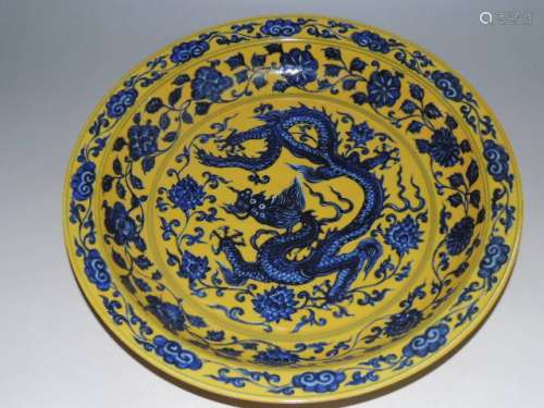 A Yellow Glazed and Blue Dragon Dish