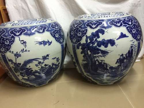 A Large Pair of Blue and White Porcelain Fishbowl