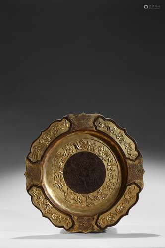 A rare parcel-gilt bronze 'foliate and birds' dish