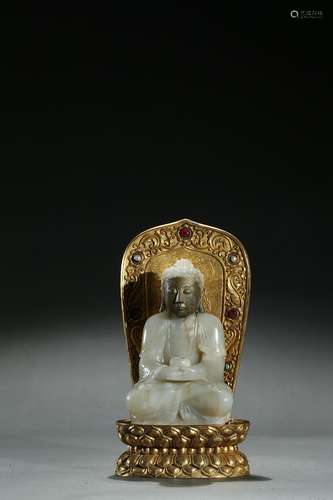 A white jade gilt-painted buddha w/ gilt-bronze backsplat